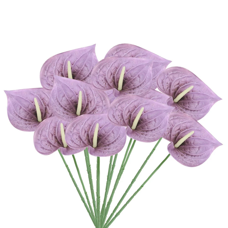 Artificial anthurium lily flower bunch, dark purple blooms with green stems