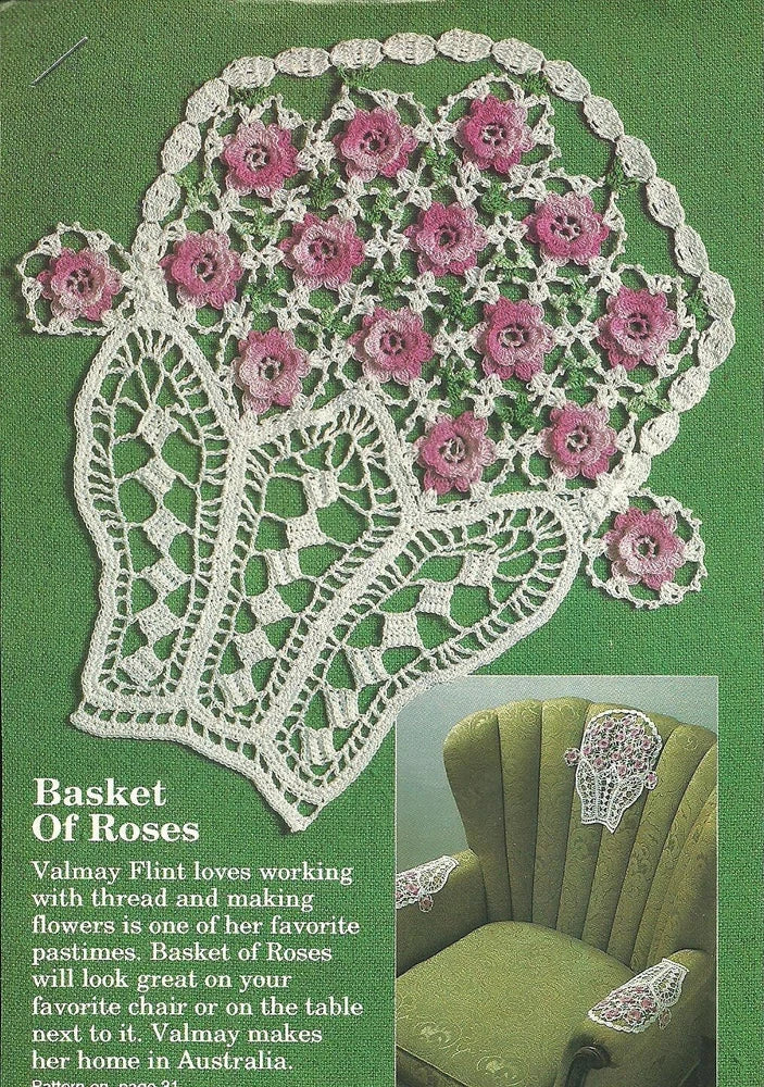 Basket of Roses doily crochet pattern with pink flower motifs and lace edging