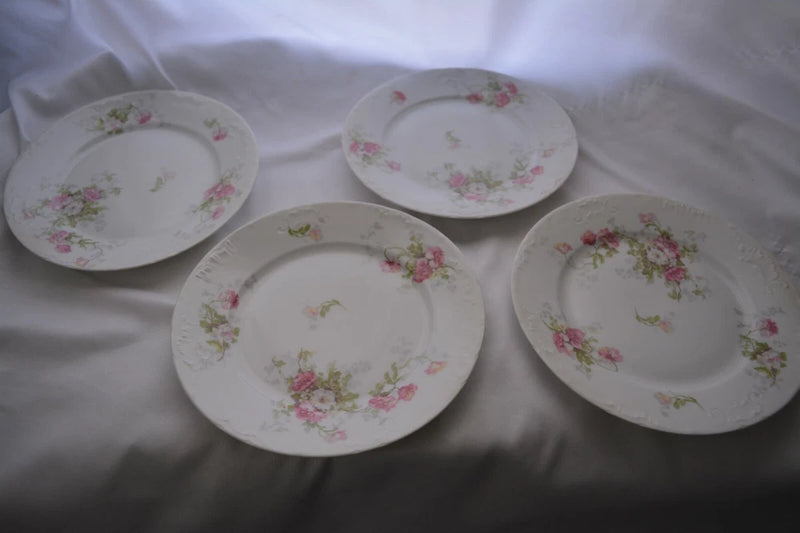 Set of 4 decorative porcelain plates with white base and pink floral accents