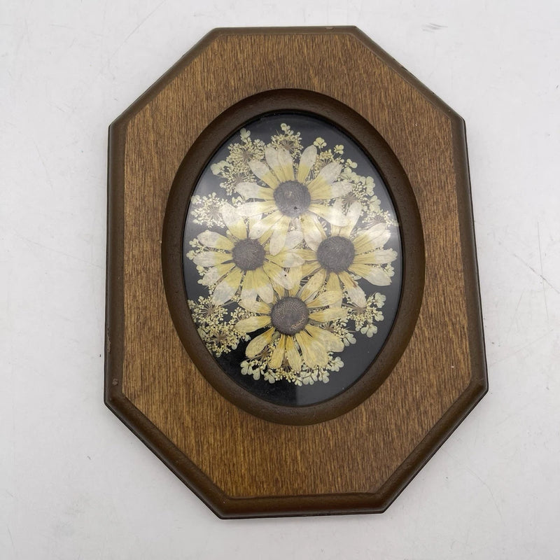 Octagonal wood framed pressed dried flower art with oval floral display