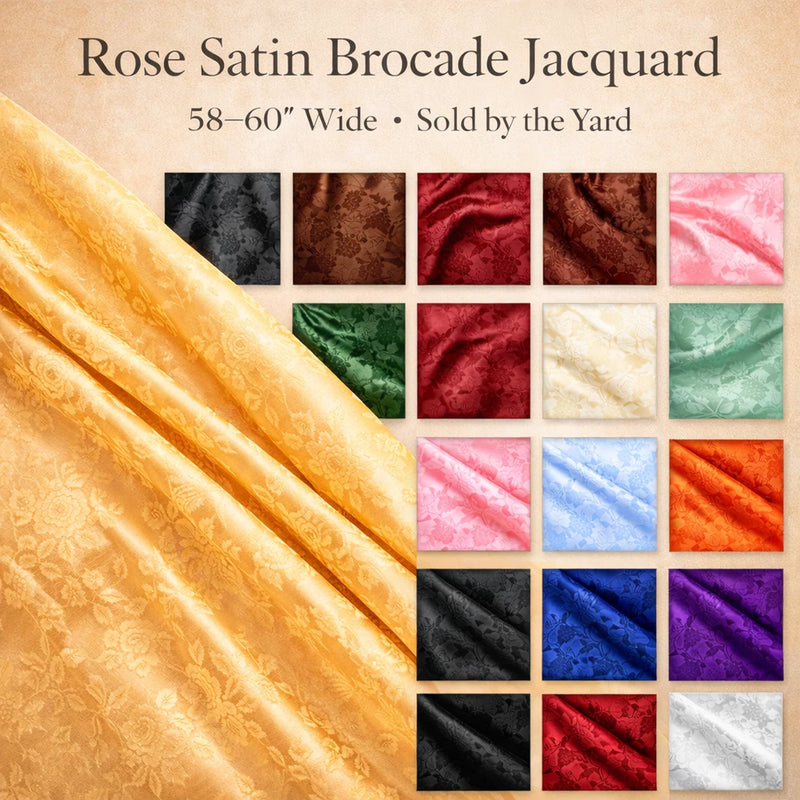 Rose satin brocade jacquard fabric, gold floral rose pattern with sheen, swatch.