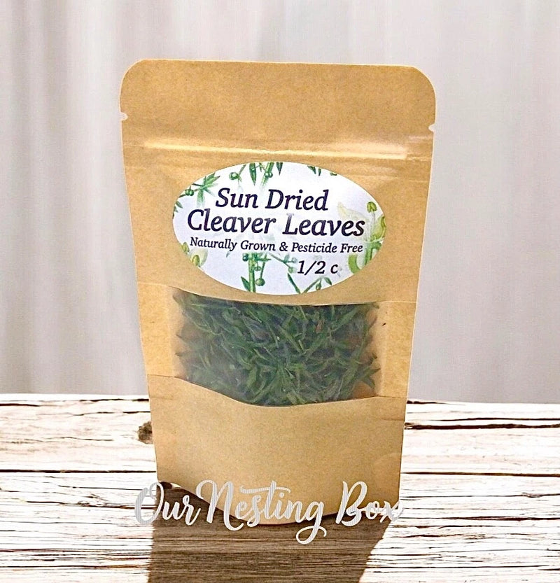 Sun-dried cleaver leaves in a kraft paper pouch, green dried leaf pieces