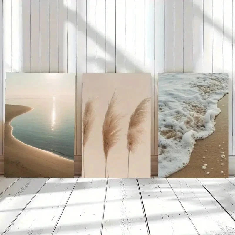3pcs Beach Scenes Pampas Grass And Waves  Metal Print Ready to Hang Art Pampas Grass