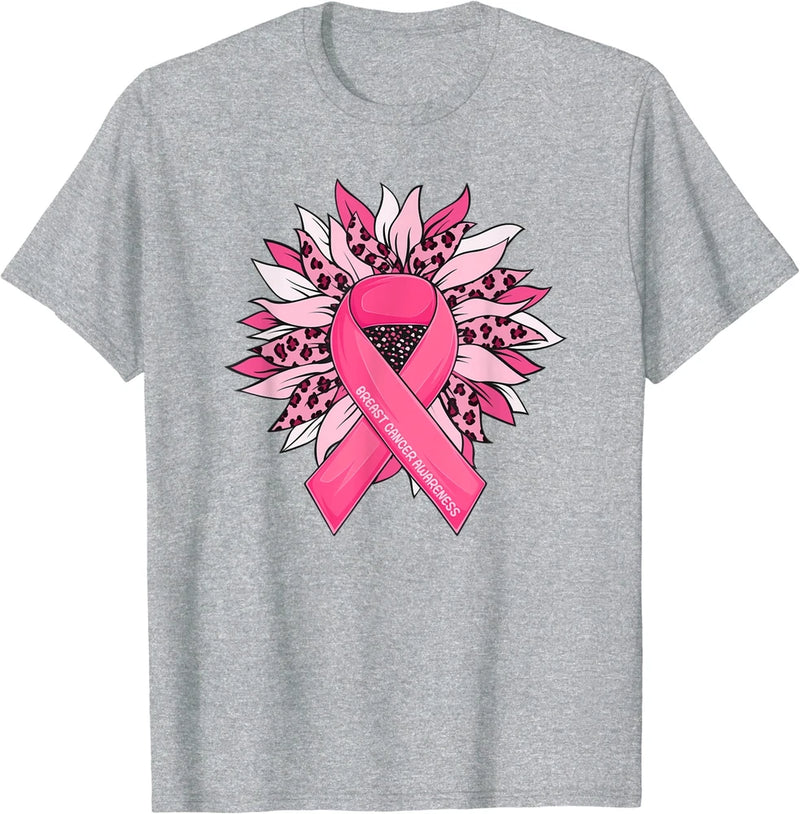 Heather gray unisex T-shirt with pink ribbon and floral graphic breast cancer awareness print