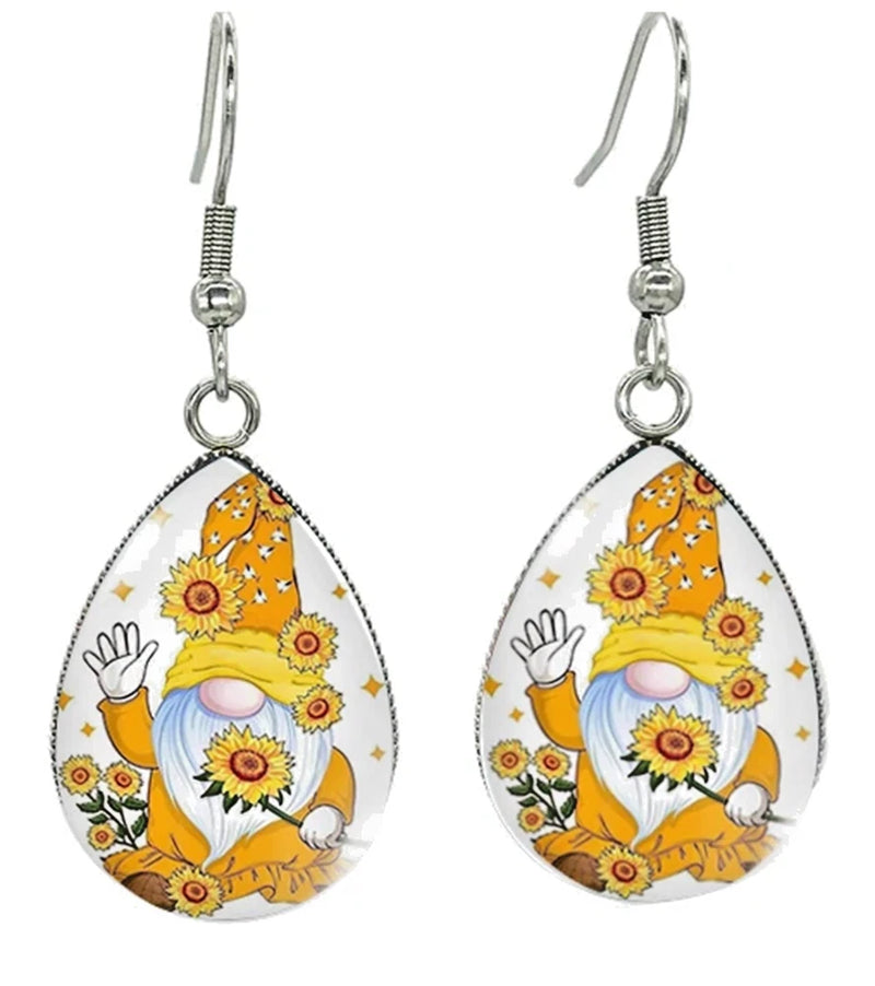 LINEL Gnome Sunflower Teardrop Dangle Yellow Orange Earrings  Silver Hooks Sunflower