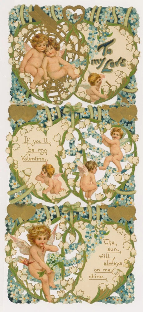 Vintage hanging Valentine card with cherubs and lily-of-the-valley flowers, ornate border