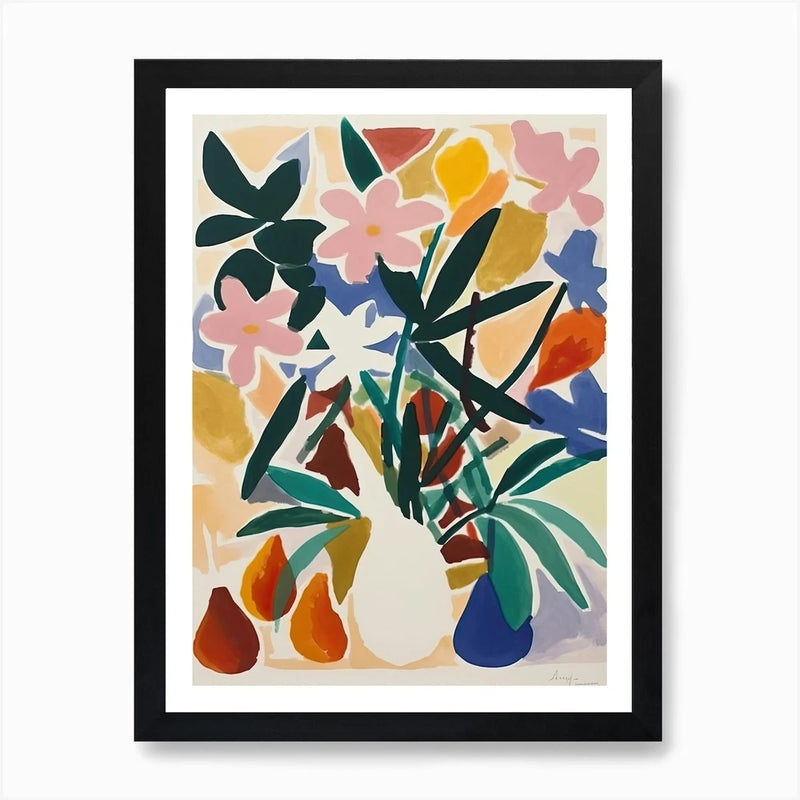Framed lily flower illustration wall art with bouquet in white vase, multicolor print