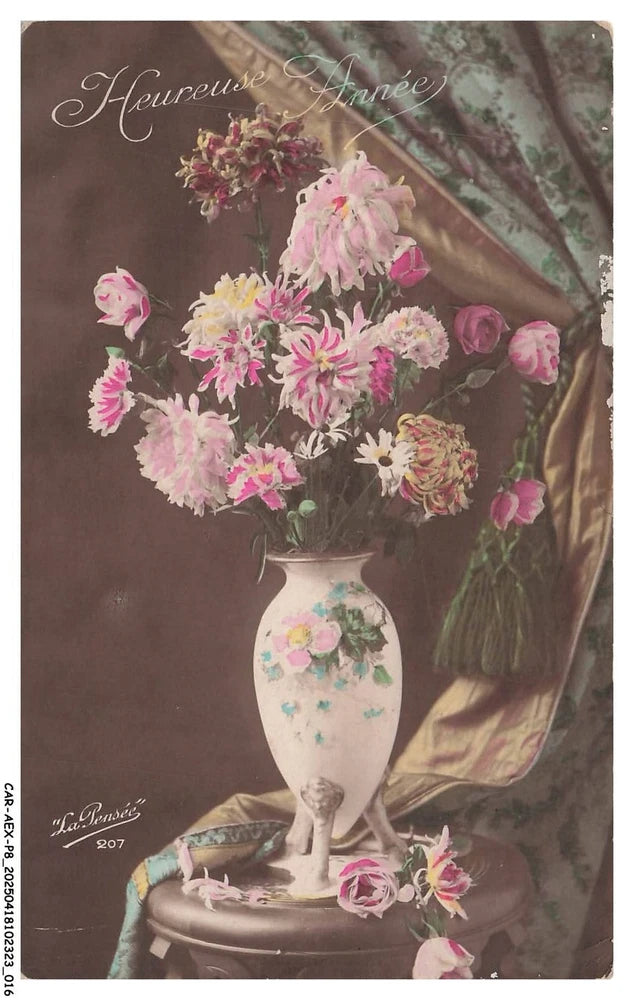Happy New Year floral greeting card with pink carnations and vase bouquet