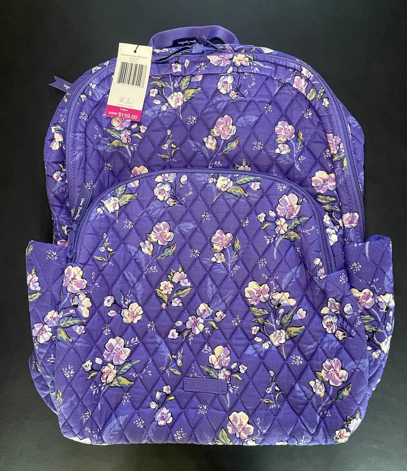 Vera Bradley large quilted backpack in purple with wild-rose floral print, front pocket