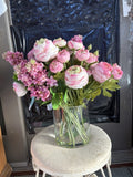 XL Martha Stewart Luxury Pink Ranunculus Silk Floral Arrangement in Glass Vase Ranunculus