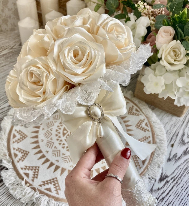 Holding Flowers Ribbon Rose Wedding Bouquet Handmade Ivory Bridal 11x8 Bouquet