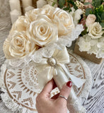 Holding Flowers Ribbon Rose Wedding Bouquet Handmade Ivory Bridal 11x8 Bouquet