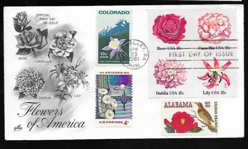 FLOWERS 1981 ROSE LILY DAHLIA CAMELLIA TULIP SETCOMBO ARTCRAFT CACHET FDC UNADDR Lily