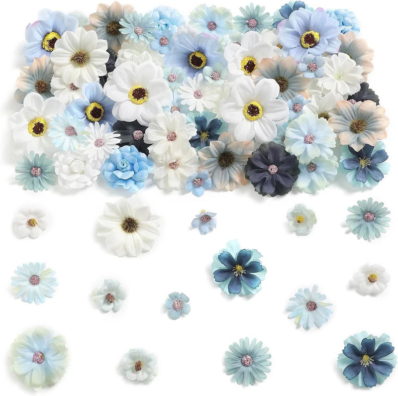 90 Pcs Mini Artificial Silk Flower Heads - Blue Peony, Daisy, Rose Floral Appliq Peony