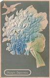 Vintage Embossed Hearty Greetings Postcard Blue Hydrangea Flowers & Dove Hydrangea