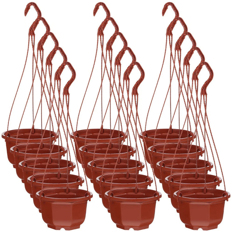 Set of hanging plastic flower pot planters, terracotta-red, multiple pots