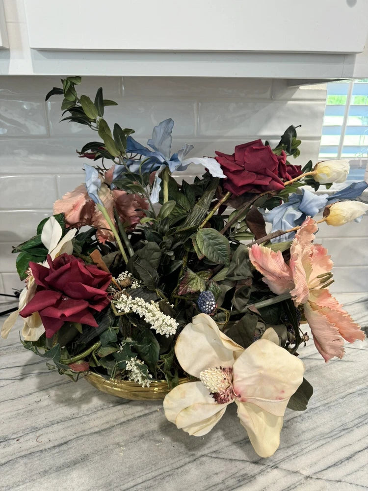 Artificial faux silk floral arrangement in solid brass container, mixed cream pink blooms