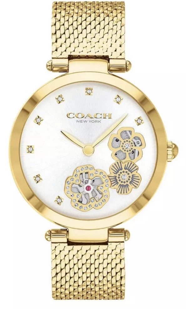 Coach women's gold-tone mesh strap watch with white dial and crystal markers