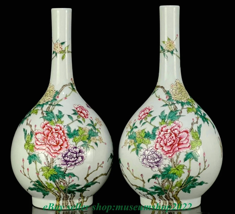 Pair of pastel porcelain peony bottles with pink and purple floral branch design