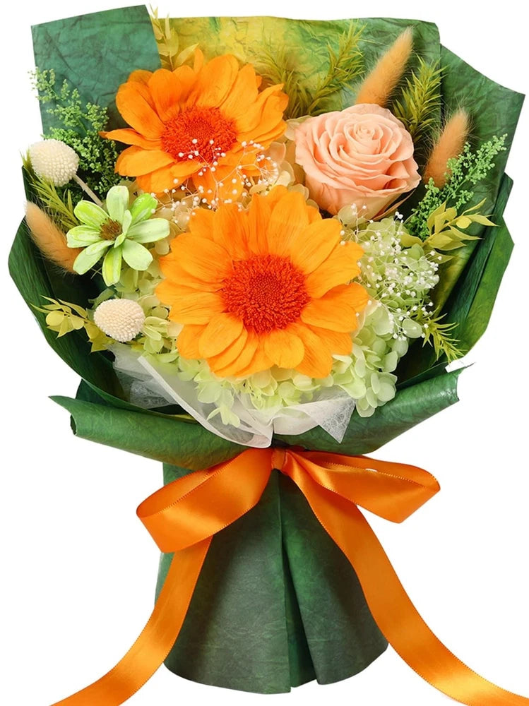 Preserved sunflower bouquet with orange sunflower, peach rose, and orange ribbon wrap