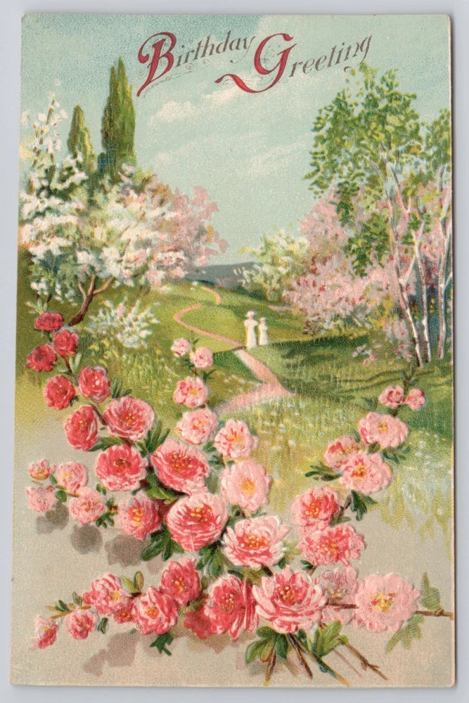 Birthday greeting postcard with pink carnations and garden path scene