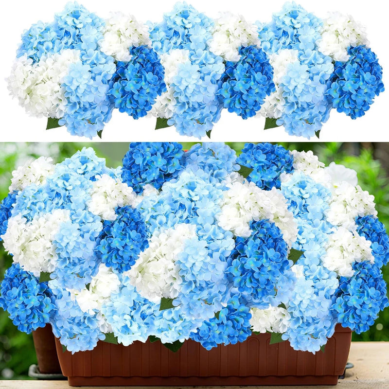 Blue and White 6 Bundles Hydrangea Artificial Flowers Bulk 30 Heads 20'' Faux... Hydrangea