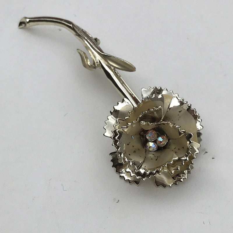 Vintage Silver Tone Carnation Flower Aurora Borealis Crystals Brooch Carnation