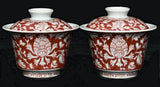 4" Old Dynasty Red White Porcelain Peony Flower Pattern Tea Bowl Bowls Pair Peony