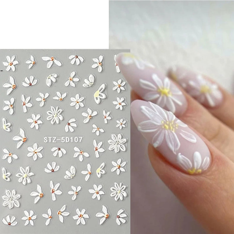 5D Nail Art Stickers Decals Embossed Flowers Floral Daisy Fern Decoration 5D107 Daisies