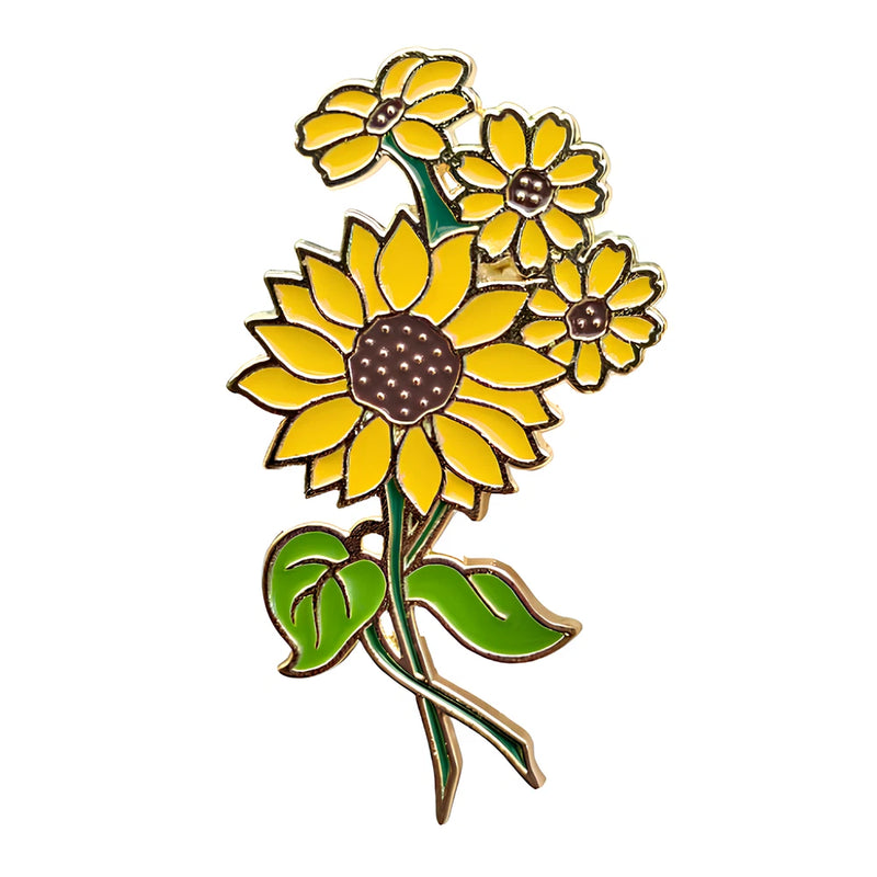 Sunflower enamel pin badge brooch with yellow flowers and green leaves