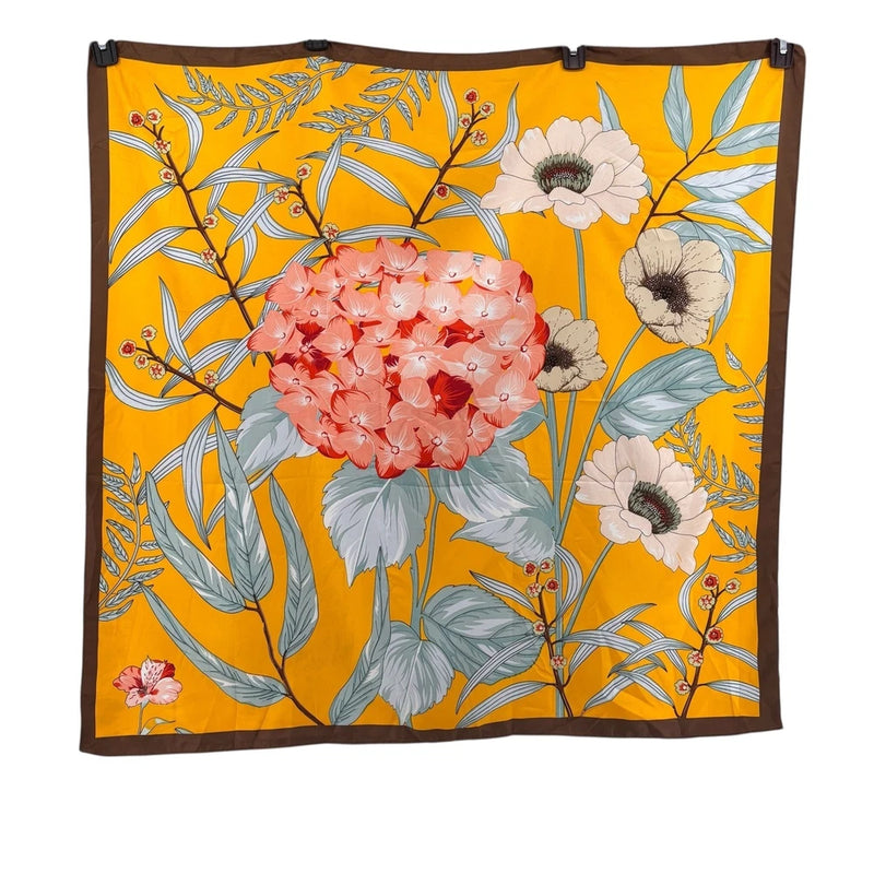 Large Floral Print Silk Feeling Scarf Yellow Brown Hydrangea Flower Hydrangea