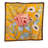 Large Floral Print Silk Feeling Scarf Yellow Brown Hydrangea Flower Hydrangea
