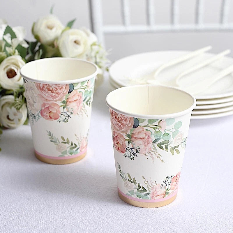 24 WHITE 9 oz Pink Peony Flower Design PAPER CUPS Party Events Home Decorations Peony