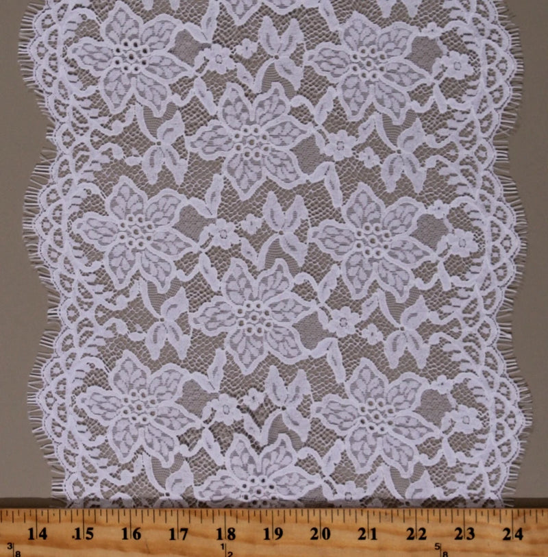 Double-Edge Scallop Floral White 10.5" Wide Lace Trim Fabric by the Yard M407.11 Flowering Plants
