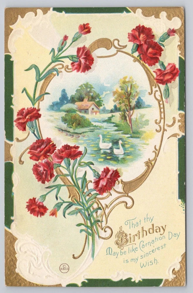 Postcard That Thy Birthday Be Like Carnation Day Red Flowers Swans Embossed 1910 Carnation