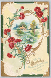 Postcard That Thy Birthday Be Like Carnation Day Red Flowers Swans Embossed 1910 Carnation
