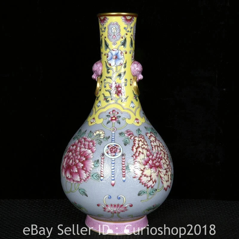 Chinese porcelain peony vase with gilt enamel details and bulbous bottle shape