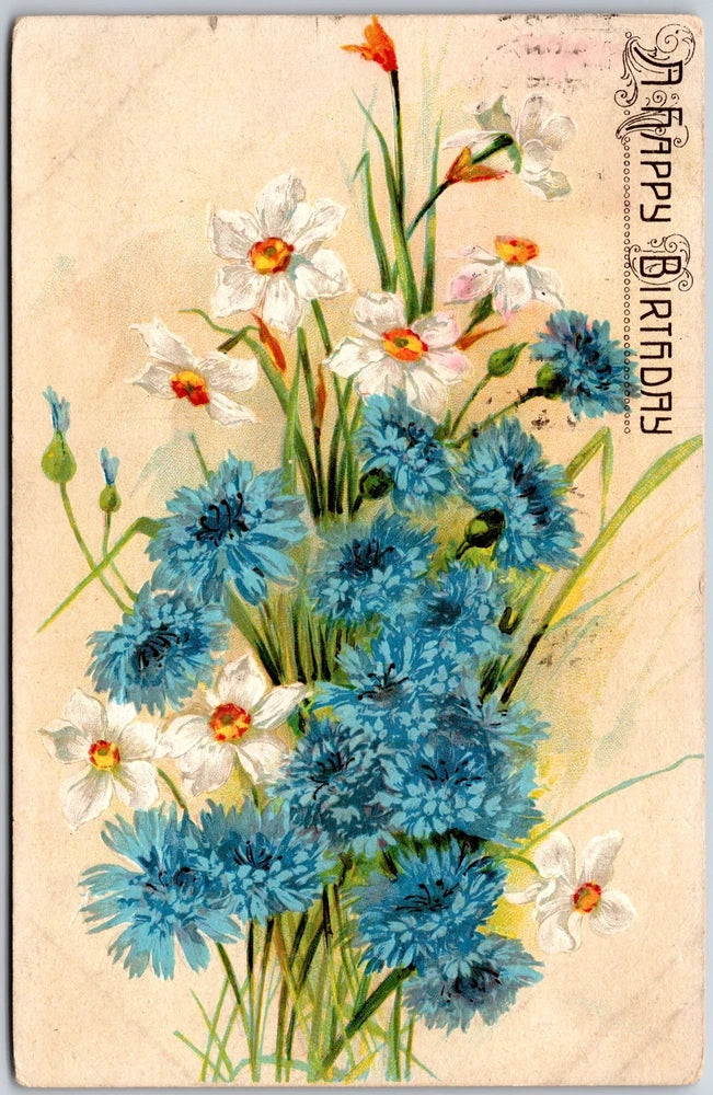 Vintage birthday greetings card with blue lilies and white daisies, floral illustration