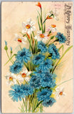 A Happy Birthday, 1910 Greetings Card, Blue Flowers & Lilies, Vintage Postcard Lily