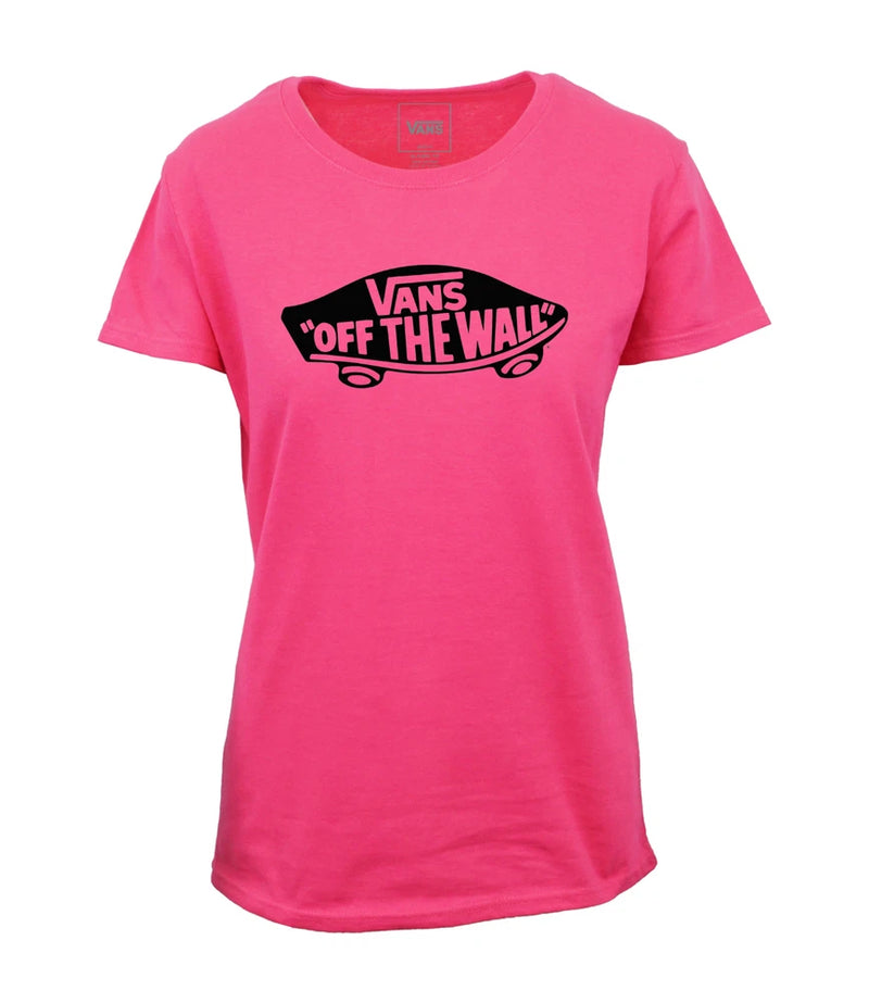 Women’s pink Vans Off the Wall T-shirt with black skate logo at center