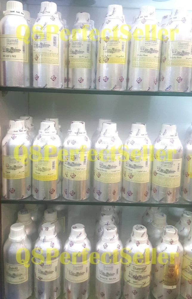 Surrati concentrated perfume oil bottles, white bottles with yellow labels, 3 rows