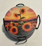 6 Sunflower Art Work Ceramic Coasters Cork Base with Metal Rack Sunflower
