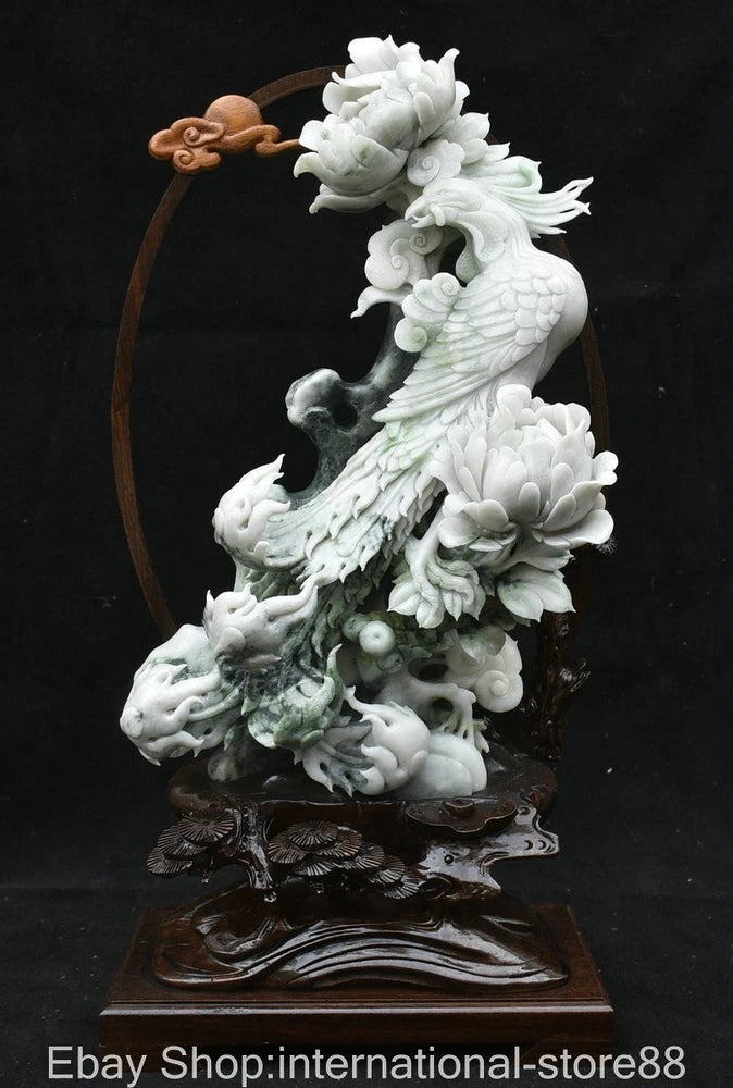 White jade-style carving statue with phoenix bird, peony flowers, and dragon base