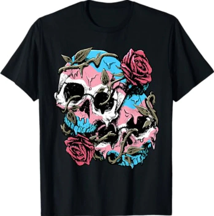 Transgender Pride Trans Flag Skull Roses Subtle LGBTQ T-Shirt Roses