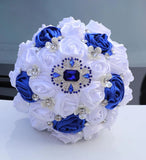 Elegant Handmade Brooch Bouquet for Bride & Bridesmaid - White/Royal Blue 22cm Bouquet