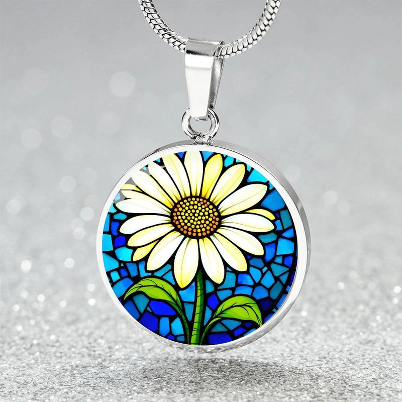 Sunflower floral pendant necklace with circular silver-tone frame and enamel flower design