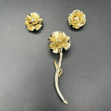Flower Carnation Gold Tone Pin/Brooch & Earring Set Rhinestone Long Stem Vtg Carnation