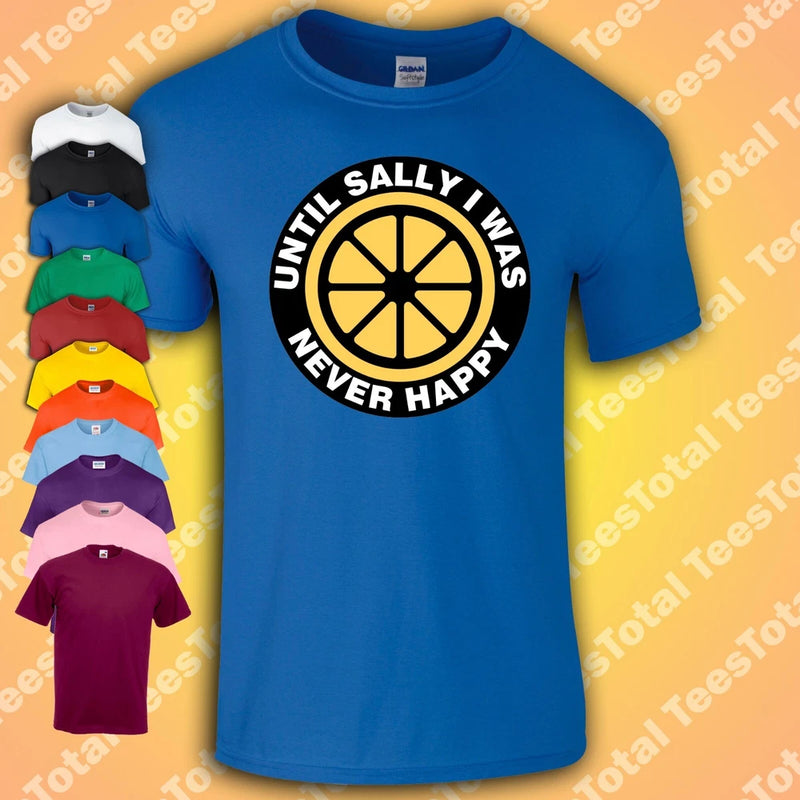 Blue crewneck T-shirt with large circular yellow graphic on front