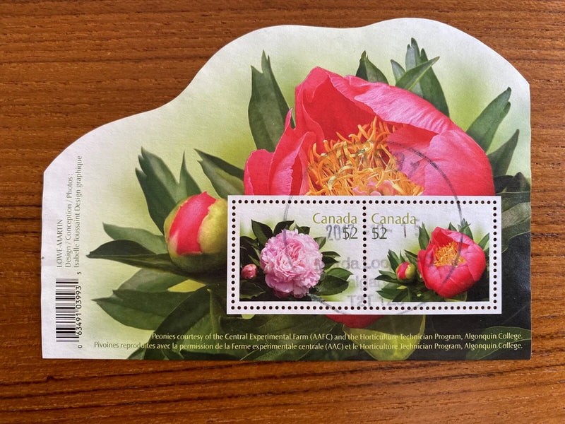 Used Canada stamp souvenir sheet with two peony flower stamps, perforated edges