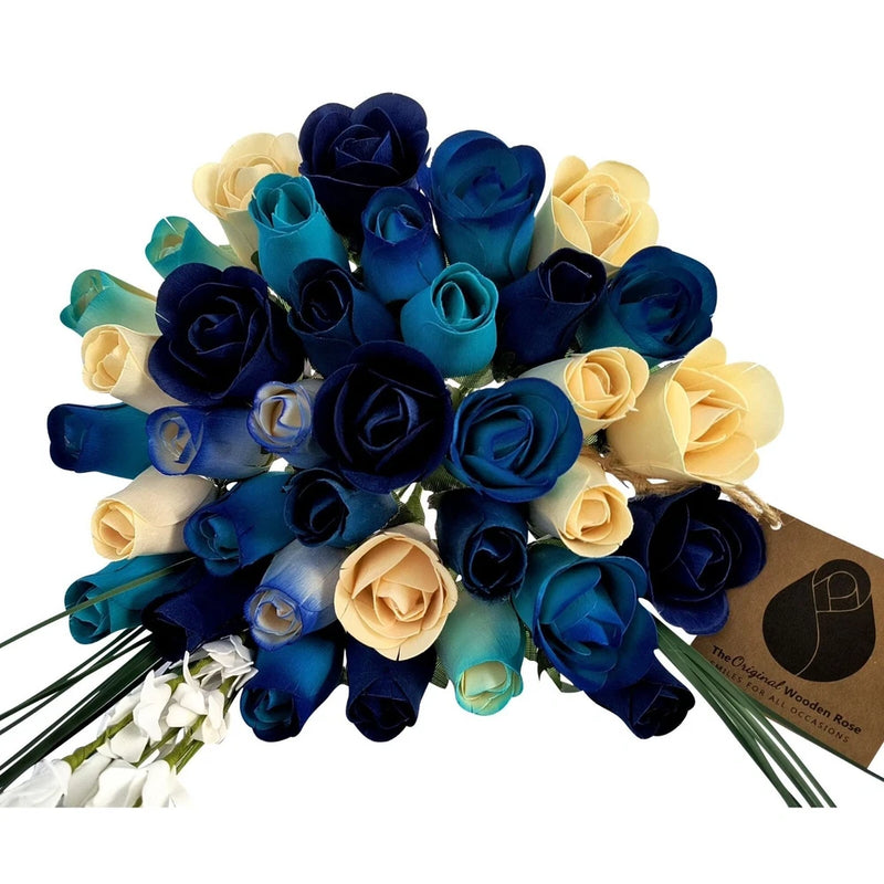 Blue and cream wooden rose bouquet with wrapped stems and green accents
